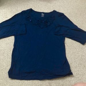 Navy blue sequin flower long sleeve shirt